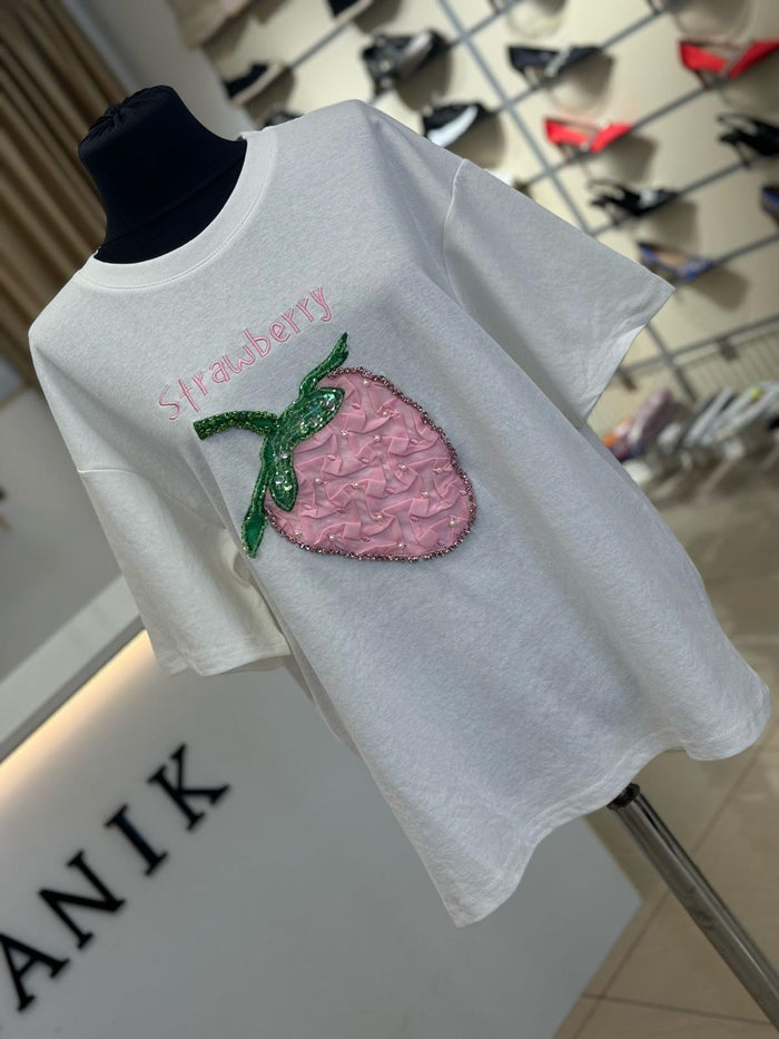 Tricou lung dama Strawberry - Alb