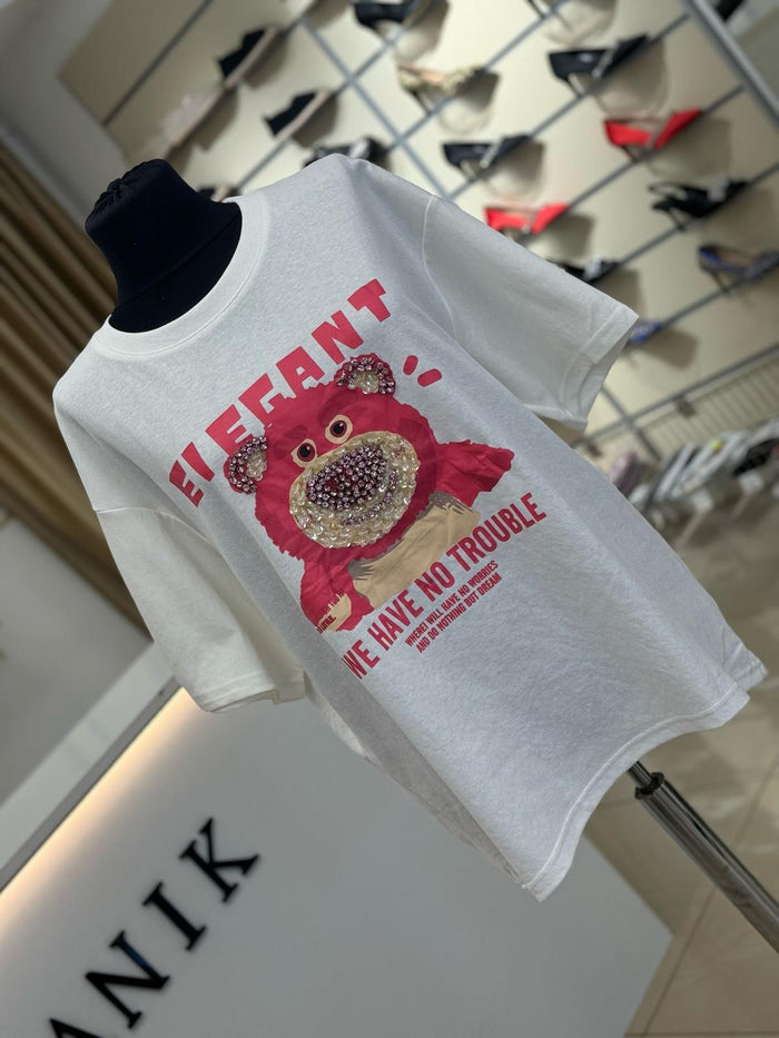 Tricou lung dama No Trouble- Alb