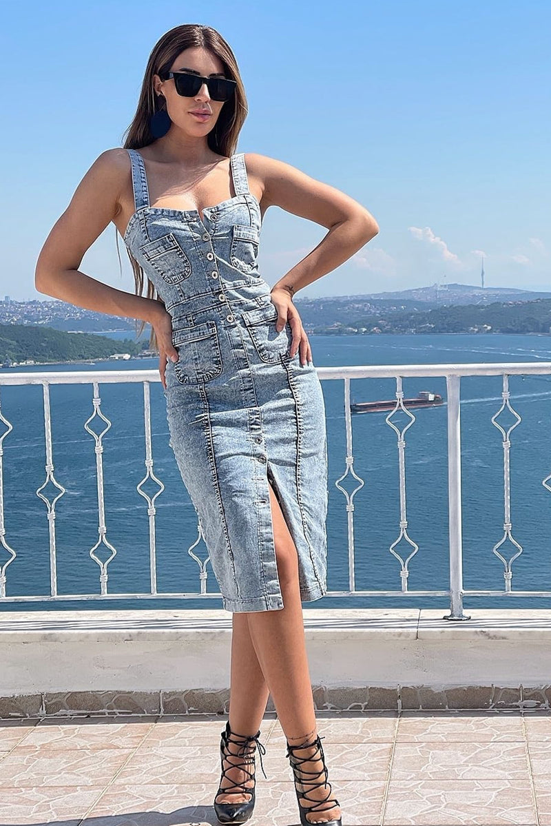 Rochie din denim dama - Gally - Albastru deschis Balcanik Fashion Boutique